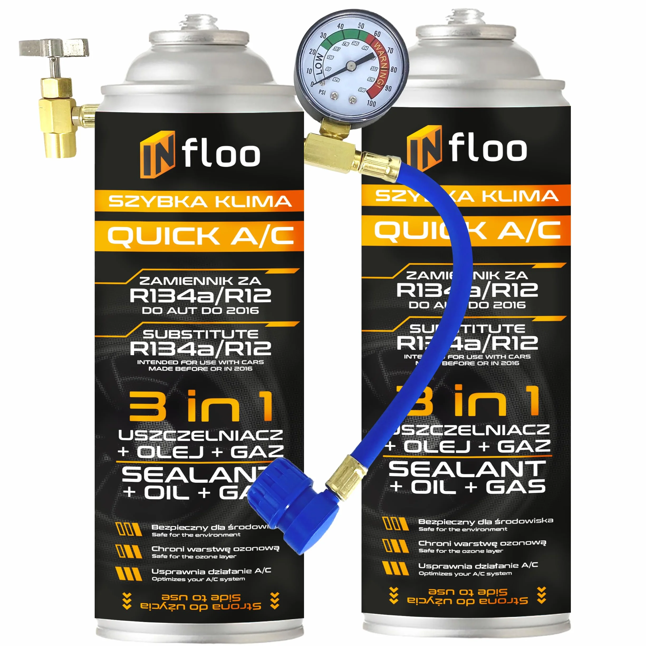 2x Quick A/C 3-en-1 – Gaz R134a + Huile + Scellant + Tuyau avec Manomètre | Recharge clim auto | Gants | Remplaçant R134a